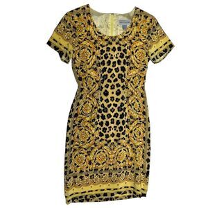 Vintage 100% Silk Bloomingdale’s Yellow Leopard Print Short Sleeve Sheath Dress